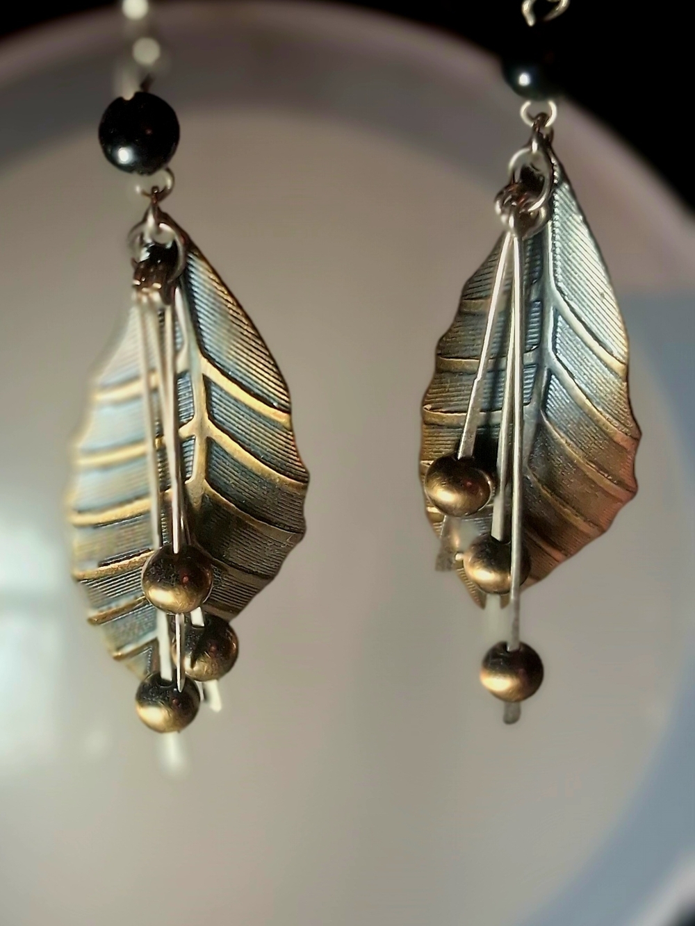 Feather Dangle Earrings with Brass Accents - Black and Antique Gold